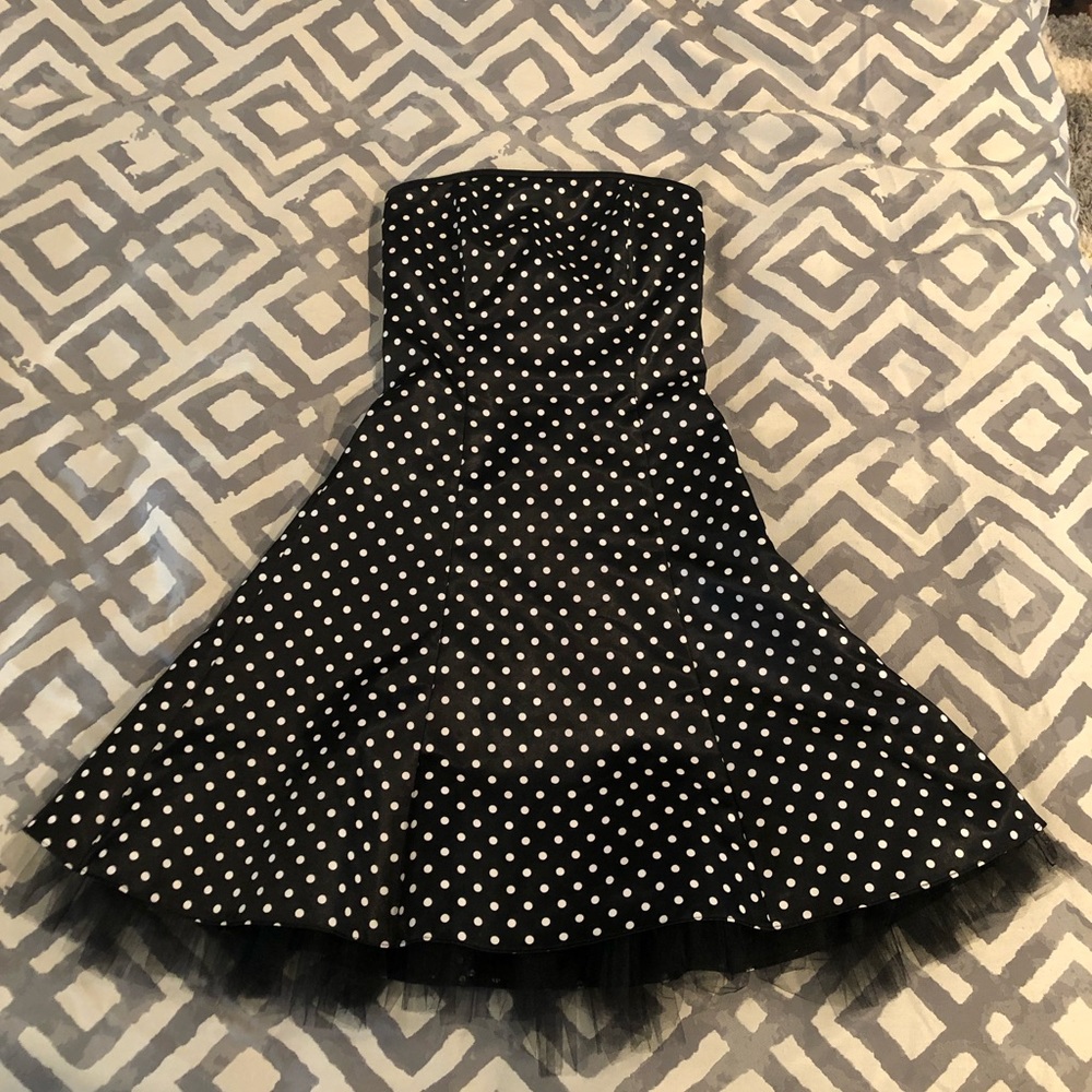 Black & white polka dot strapless dress